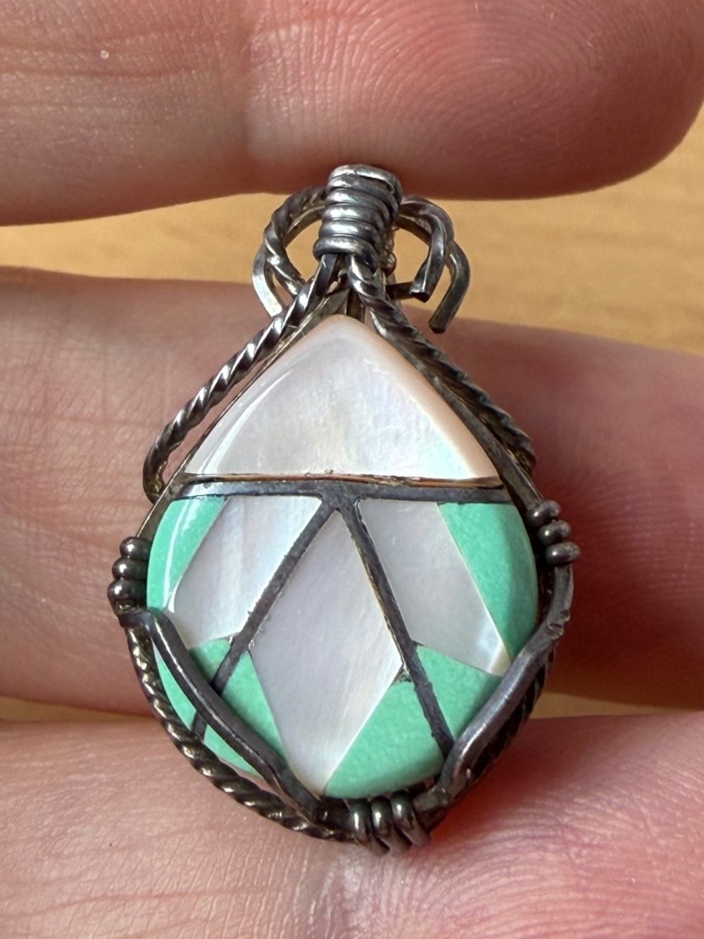 Vintage Native American Southwestern Mother of Pearl Green Amazonite Pendant